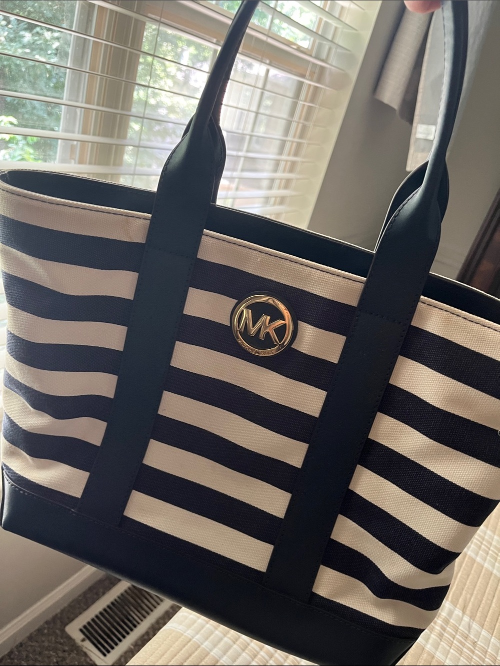 Michael Kors Navy and Cream Striped Canvas Tote with Gold MK Emblem